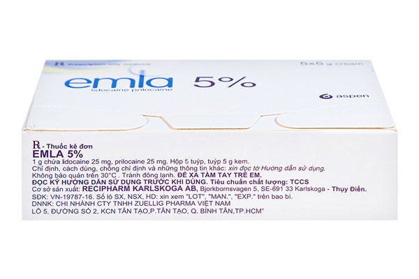 Gel Emla Cream 5% với đầy đủ những thông tin được in trên bao bì