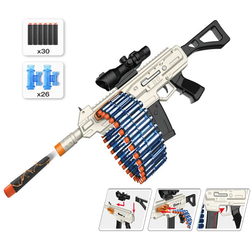 Băng đạn có thể chứa tối đa lên đến 30 viên đạn xốp Băng đạn có thể chứa tối đa lên đến 30 viên đạn xốp