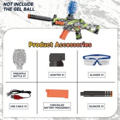 Phụ kiện gồm bình chứa đạn thạch, ống giảm thanh, kính bảo hộ, sạc USB, pin